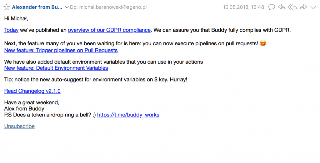 Przykład maila z informacją RODO GDPR Buddy