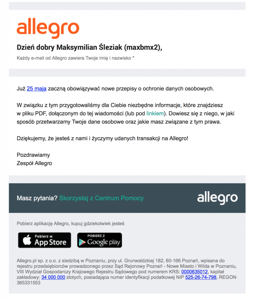 Przykład maila z informacją RODO Allegro
