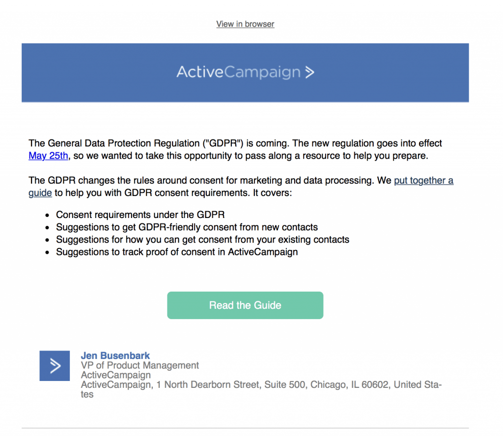 Przykład maila z informacją RODO ActiveCampaign