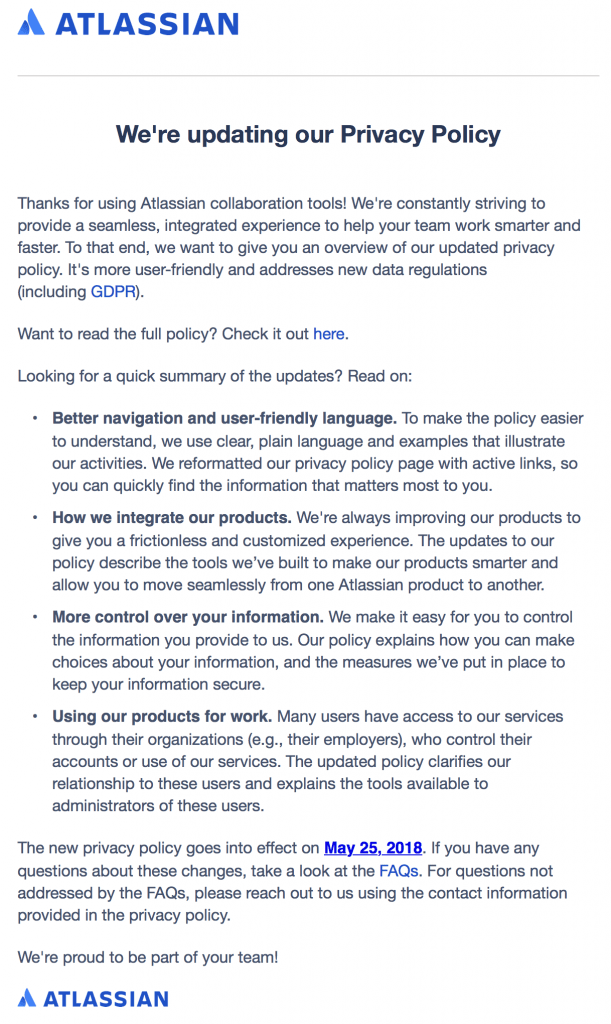 Przykład maila z informacją RODO Atlassian