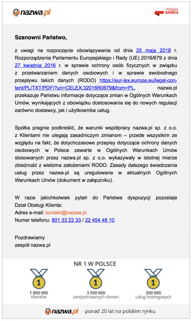 Przykład maila z informacją RODO nazwa.pl