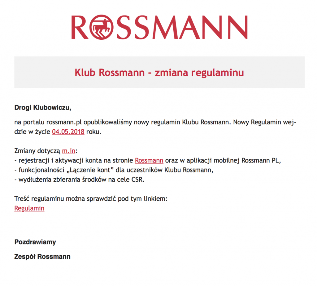 Przykład maila z informacją RODO Rossmann