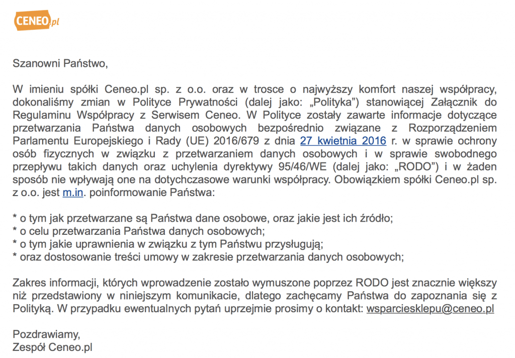 Przykład maila z informacją RODO Ceneo.pl