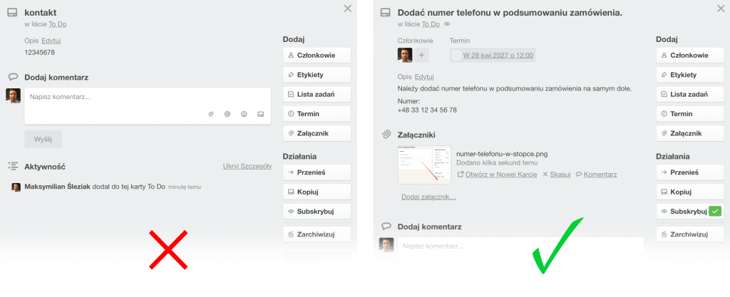 Przykład dobrze i źle przygotowanej karty Trello