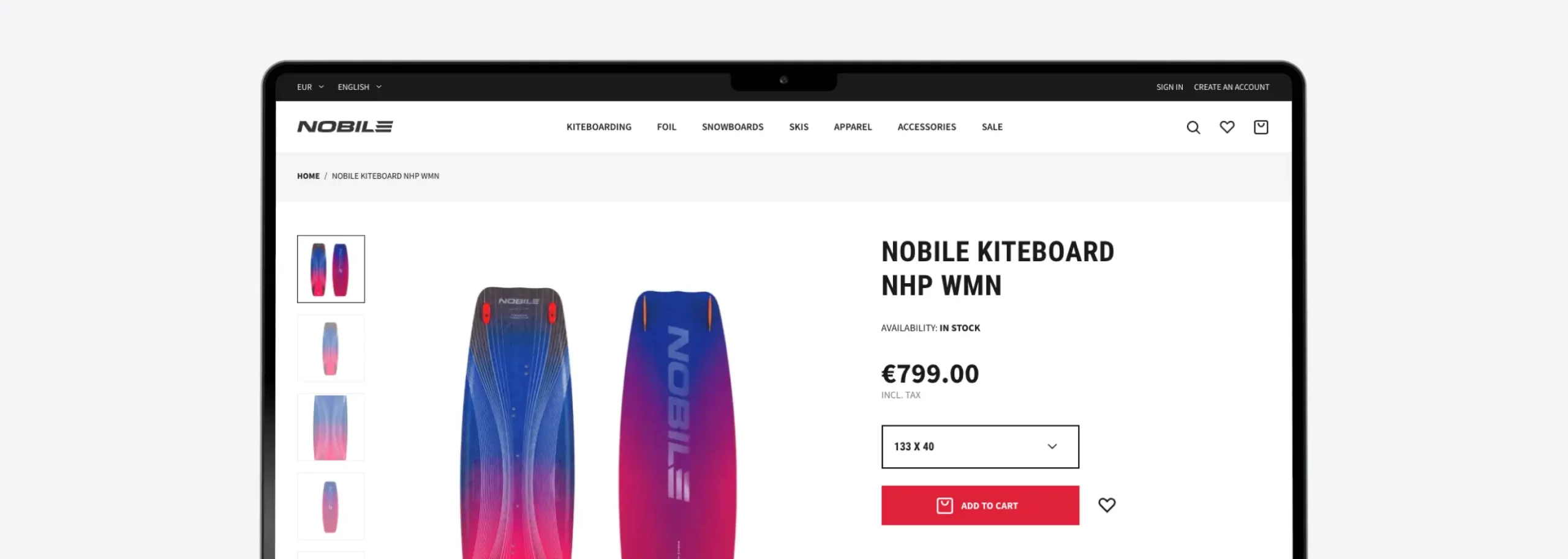 Nobile Sports e-commerce na desktop